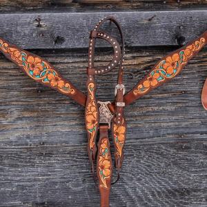 Ensemble de tack de cheval incrusté de Turquoise usiné à fleurs brunes plaque de poitrine en cuir véritable léger cheval saisonnier - Product Image 4