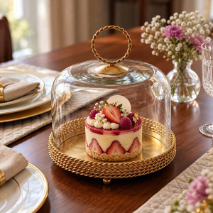 Elegant Golden Brass <b>Cake</b> Platter With Glass Dome <b>Cover</b> Round Dessert Display <b>Stand</b> For Birthday Wedding Parties Supply - Product Image 1