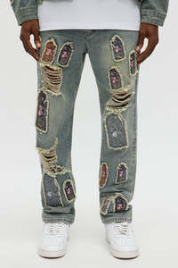 High Waist Slim Fit Patchwork <b>Jeans</b> With <b>Embroidered</b> Patches Distressed Denim Casual Style Spring Cotton Fabric - Product Image 2