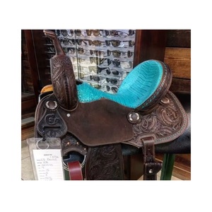 Selle de cheval Western en cuir marron, ornée de motifs floraux, avec siège rembourré turquoise, pour l'équitation de trial et de course - Product Image 3