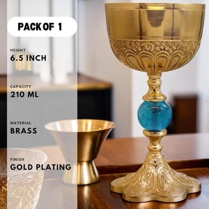 Elegant Brass <b>Goblet</b> With Blue Stone Base Embossed Design Round <b>Wine</b> Cup Handmade For Wedding Decorative Use - Product Image 6