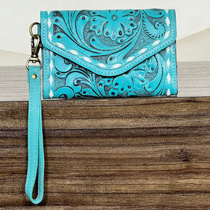 Portable RFID Blocking New Mini Floral Western Style Genuine Cowhide Leather Cowgirl Wallet <b>Wristlet</b> Clutch for Travel Organizer - Product Image 4