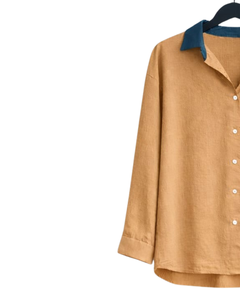 Conjunto de Dos Piezas para Mujer, Camisa Amarillo Mostaza y Pantalones Anchos Azules, Estilo Casual de Algodón y Lino, Ropa Holgada de Verano, OEM - Product Image 3