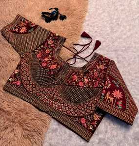 Embroidered Silk Choli <b>Top</b> Women Traditional Indian <b>Wedding</b> Blouse Maroon Gold Floral Design Crop Length Regular Fit - Product Image 2