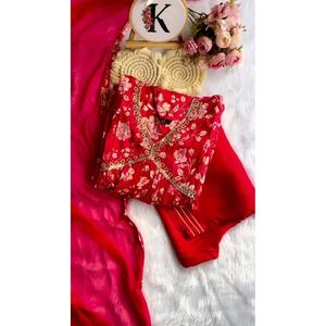 DISEÑADOR MUSELINA SEDA HECHO A MANO IMPRESO DIGITAL ALIA CUT GOWN BOTTOM CON DUPATTA ROJO - Product Image 5