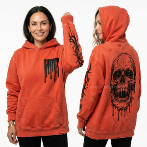 Sudadera con capucha personalizada de algodón desgastado con estampado gráfico de cerebro y huesos en la manga, estilo arte de bocetos, fabricante de boutique - Product Image 3