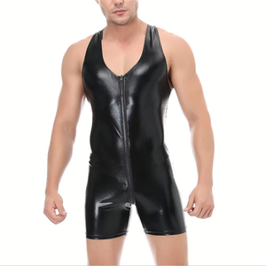 Pu <b>Shiny</b> Leather Men Full Zipper Closure Men Wrestling Singlet Professional Wrestling Singlets <b>Top</b> Factory Direct Sale - Product Image 4