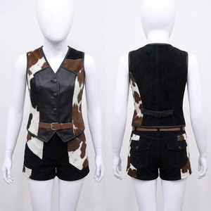 Ensemble veste et short en patchwork de cuir de vache style Prairie Chic pour femmes avec ceinture - Product Image 3