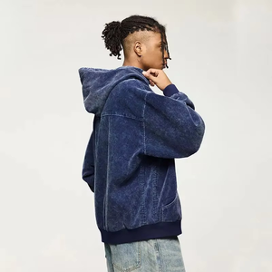Sweat-shirt à capuche zippé pour homme, bleu délavé, coupe ample et carrée, en coton épais, effet délavé à l'acide, style streetwear - Product Image 3
