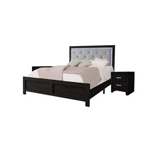 Letto Matrimoniale Moderno con Testiera Imbottita in Ecopelle Nera e Grigia, Finitura Nera, con Illuminazione Integrata, in Legno, per Camera da Letto - Product Image 4