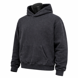 เสื้อฮู้ดดี้วินเทจสีดำฟอกสำหรับผู้ชาย ผ้าฝ้ายหนานุ่ม สไตล์สตรีทแวร์ทรงโอเวอร์ไซส์ สั่งทำได้ ขายส่ง - Product Image 2