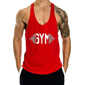 Camiseta Deportiva Roja para Hombre, Cuello en V, Diseño de Barra con Estampado, Ropa Deportiva Transpirable de Poliéster sin Mangas para Fitness - Product Image 1