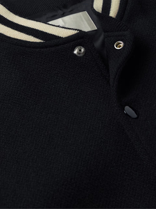 <b>Men's</b> Black Varsity <b>Jacket</b> With <b>White</b> Stripes Stand Collar Button Closure Preppy Style Regular Fit Autumn Wear - Product Image 5