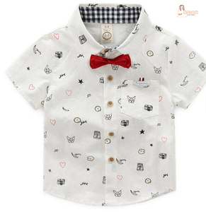 เสื้อเชิ้ตผ้าฝ้ายแขนสั้นพร้อมโบว์ไทพิมพ์ลายการ์ตูนสำหรับเด็กผู้ชาย - Product Image 1