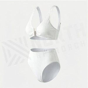 <b>White</b> Ribbed 2 Piece <b>Bikini</b> <b>Set</b> V Neck Bandeau Top High Waist Bottoms Stretch Swimwear Women - Product Image 3