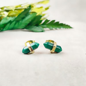 Double Point Malachite Gemstone Stud <b>Earrings</b> 11x5mm | 925 Sterling <b>Silver</b> Gold Plated <b>Women</b>’s Fashion <b>Earrings</b> Wholesale - Product Image 1