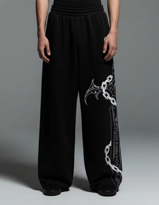 Pantalones Anchos Negros para Hombre, Cintura Elástica, Estampado Digital, Estilo Urbano, Tejido de Punto Transpirable de Peso Medio - Product Image 1
