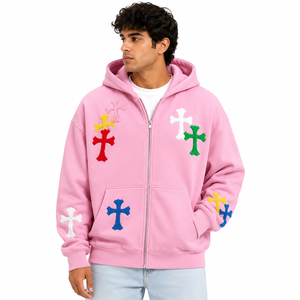 Custom Logo Pink Chenille <b>Cross</b> <b>Patch</b> Men Hoodies Cotton Blend Fleece Full Zip Oversized Drop Shoulder Streetwear Autumn Winter - Product Image 1