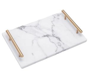 Plateau de service en marbre blanc avec poignées, de forme rectangulaire, design marbré, plateau décoratif en marbre pour la maison, les mariages, la décoration des restaurants - Product Image 1