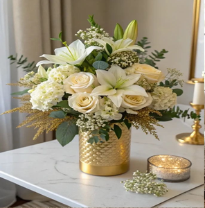 Striking textured gold leaf pattern jars paired beautifully with dense floral sprigs, available at wholesale prices. - Product Image 2