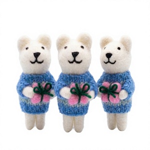 Handmade Eco-Friendly Needle <b>Felted</b> Bear <b>Ornament</b> with 100% Wool Pink Flower Blue Sweater Cartoon Animal <b>Christmas</b> Decoration - Product Image 1