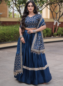 Blue Ethnic Fendy Silk Satin <b>Shawl</b> Pashmina Style Hijab Scarf Fringe Border Lehenga Set <b>Wedding</b> Festival Wear - Product Image 1