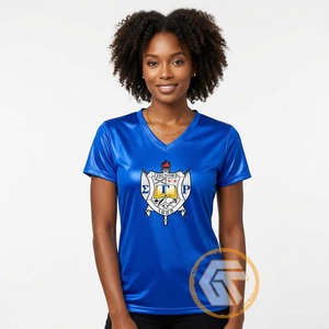 Camiseta de Manga Corta con Cuello en V Azul para Mujer, Sigma Gamma Rho, de Secado Rápido, 100% Algodón Jersey, con Logotipo del Escudo Estampado, para Verano - Product Image 2