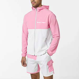 Custom Windbreaker Tracksuit Set Hooded Jacket <b>Cargo</b> Shorts Two Tone Color Block Pink <b>White</b> Streetwear Casual Lightweight Set - Product Image 1