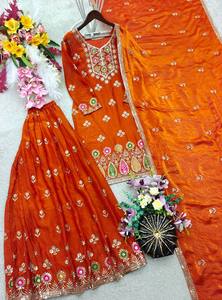 Ensemble Salwar en soie brodée orange avec dupatta, longueur au sol, tenue traditionnelle indienne et pakistanaise pour femmes, robe de mariage - Product Image 6