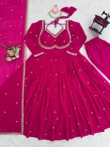 Ensemble de robe Anarkali brodée rose avec dupatta, salwar kameez à manches longues pour mariage, fête, femmes - Product Image 4