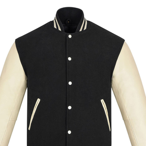 Veste de baseball personnalisée en laine avec manches en cuir, couleur noir et crème, col rabattu, coupe classique - Product Image 3