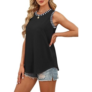 Camisetas sin mangas para mujer de encaje, jersey de algodón/spandex, transpirables, anti-bolitas, informales, con cuello redondo, estilo bohemio, con bloques de color y cintas. - Product Image 1