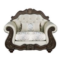 Fauteuil de salon en tissu beige et finition cerisier avec coussin
