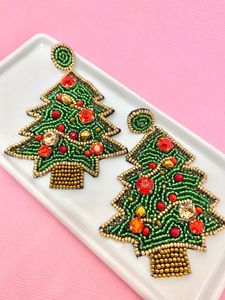 Handmade Beaded Christmas <b>Tree</b> Dangle Earrings for Women Festive Holiday Jewelry, Lightweight Statement hoop Earrings - Product Image 2