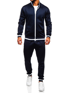 Men's Navy Blue Full Sleeve Zipper Tracksuit <b>Jacket</b> With <b>White</b> Trim And Front Print Sporty Design For Autumn Wear - Product Image 2