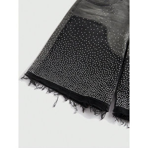 Pantalones Cortos de Mezclilla Negros para Hombre con Bolsillo de Pedrería, Cintura Alta Casual, Elástica, Cierre de Botón, Estilo de Secado Rápido - Product Image 6
