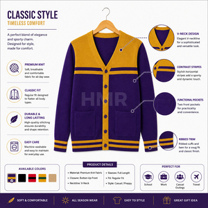 HMR Acrylic Casual Sorority Sisterhood <b>Purple</b> Gold Contrast Color Button Knitted V-Neck Long Sleeve <b>Cardigan</b> - Product Image 6