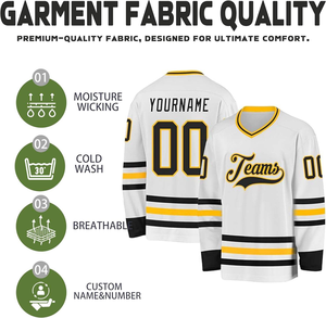 Camiseta Deportiva Personalizada de Hockey sobre Hielo en Blanco, Negro y Amarillo con Nombre y Número, Manga Larga - Product Image 6