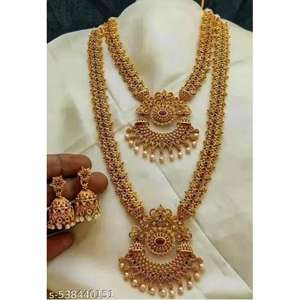 Ensemble de bijoux plaqué or, collier long et court de style temple indien du Sud, boucles d'oreilles Jumkha et ensemble de bijoux traditionnels antiques lourds - Product Image 1