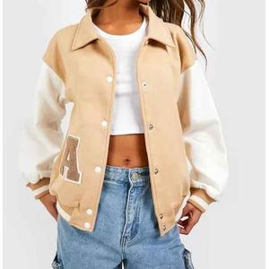 Chaqueta Varsity Beige Blanca con Parche Bordado con la Letra A, Corte Holgado Informal, Cuello Camisero, Cierre de Botones, para Otoño - Product Image 1