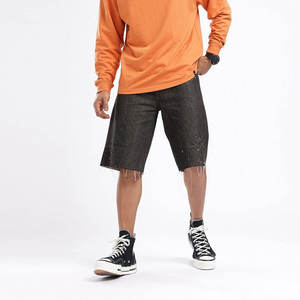 Shorts de Mezclilla Negros Desgastados para Hombre, Estilo Casual con Dobladillo Deshilachado, Ropa Urbana de Verano, 100% Algodón, Transpirable, Cintura Elástica - Product Image 5