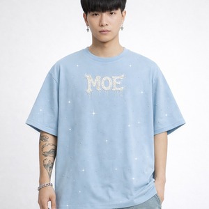 Camiseta de hombre de verano con estampado de letras de diamantes de imitación termoadhesivos, estilo 100% algodón, con diamantes de imitación brillantes en toda la prenda, OEM EE. UU. - Product Image 4