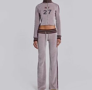 Custom Women's Crop <b>Tracksuit</b> Velvet <b>Velour</b> 2 Piece Zip Up Hoodie and Jogger Set Casual Sportswear Wholesale Manufacturer - Product Image 1