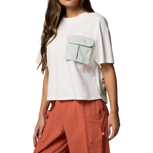 T-shirt utilitaire décontracté pour femme, couleur unie, col rond, manches courtes, coupe ample, rose poudré, haut court en coton - Product Image 3