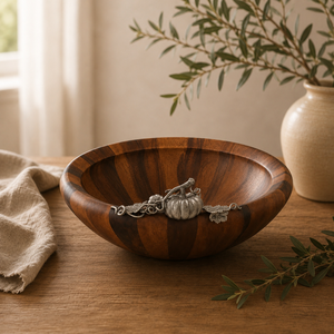Tazón para ensalada de madera de acacia ecológico hecho a mano con un elegante adorno de peltre con diseño de calabaza para decoración rústica de mesa en otoño, regalos de boda - Product Image 5