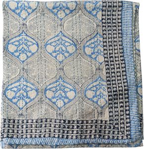 Traditional Indigo Cotton Kantha <b>Quilt</b> Blue Floral Hand-Stitched All-Season Home Decor <b>Throw</b> Cover - Product Image 3