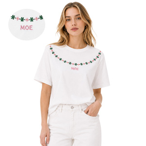 Custom Floral Garland Embroidered women's shirt Loose Fit Short Sleeve Crew Neck T-Shirt Spring Summer Casual Solid Cotton <b>Top</b> - Product Image 1