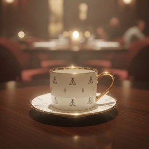 Ensemble tasse et soucoupe à café et thé en céramique avec un design géométrique élégant, bordure et anse dorées - Product Image 3