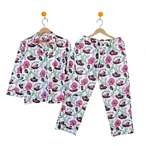 Conjunto de Pijama de Algodón 100% con Estampado Floral para Mujer, Manga Larga, Cuello Camisero, Suave, Ropa de Dormir Larga, Ropa Casual - Product Image 1