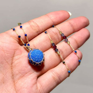 Handmade Blue Druzy Macrame Pendant <b>Necklace</b> Adjustable Boho Healing <b>Statement</b> Gemstone Jewelry Wholesale - Product Image 2
